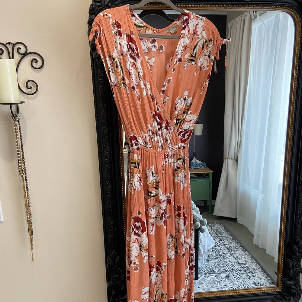 Anama floral maxi dress, with adjustable rouched shoulders